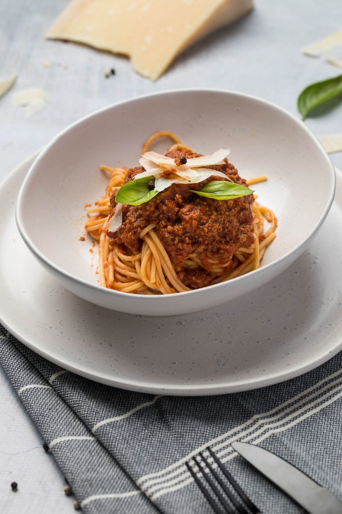 A mouthwatering view of our Spaghetti Bolognese, a quick and delicious meal solution for busy weeknights, serving 3-4v